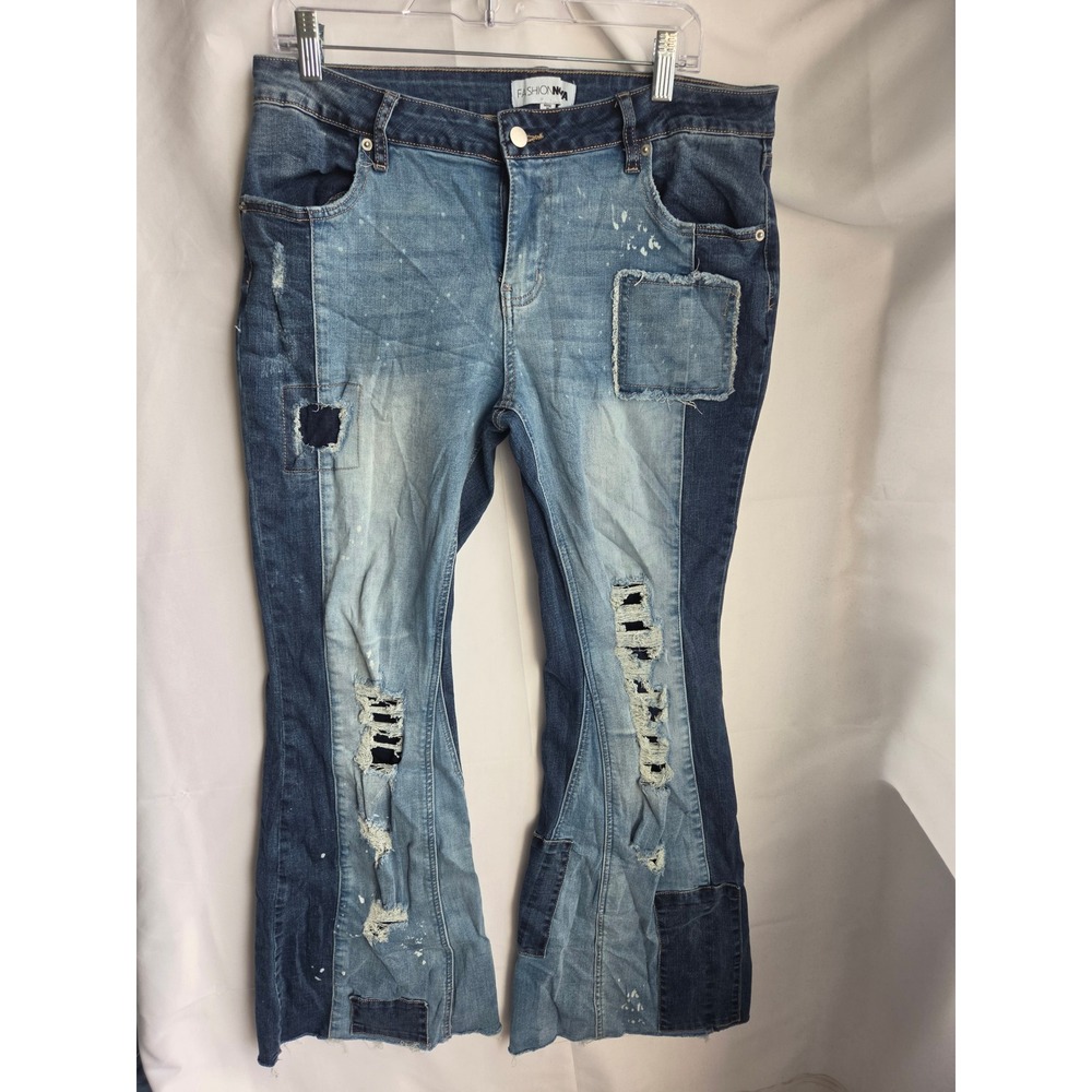 Fashion Nova Jeans Womens Blue Multi Patchwork Slim Mid Rise Flare